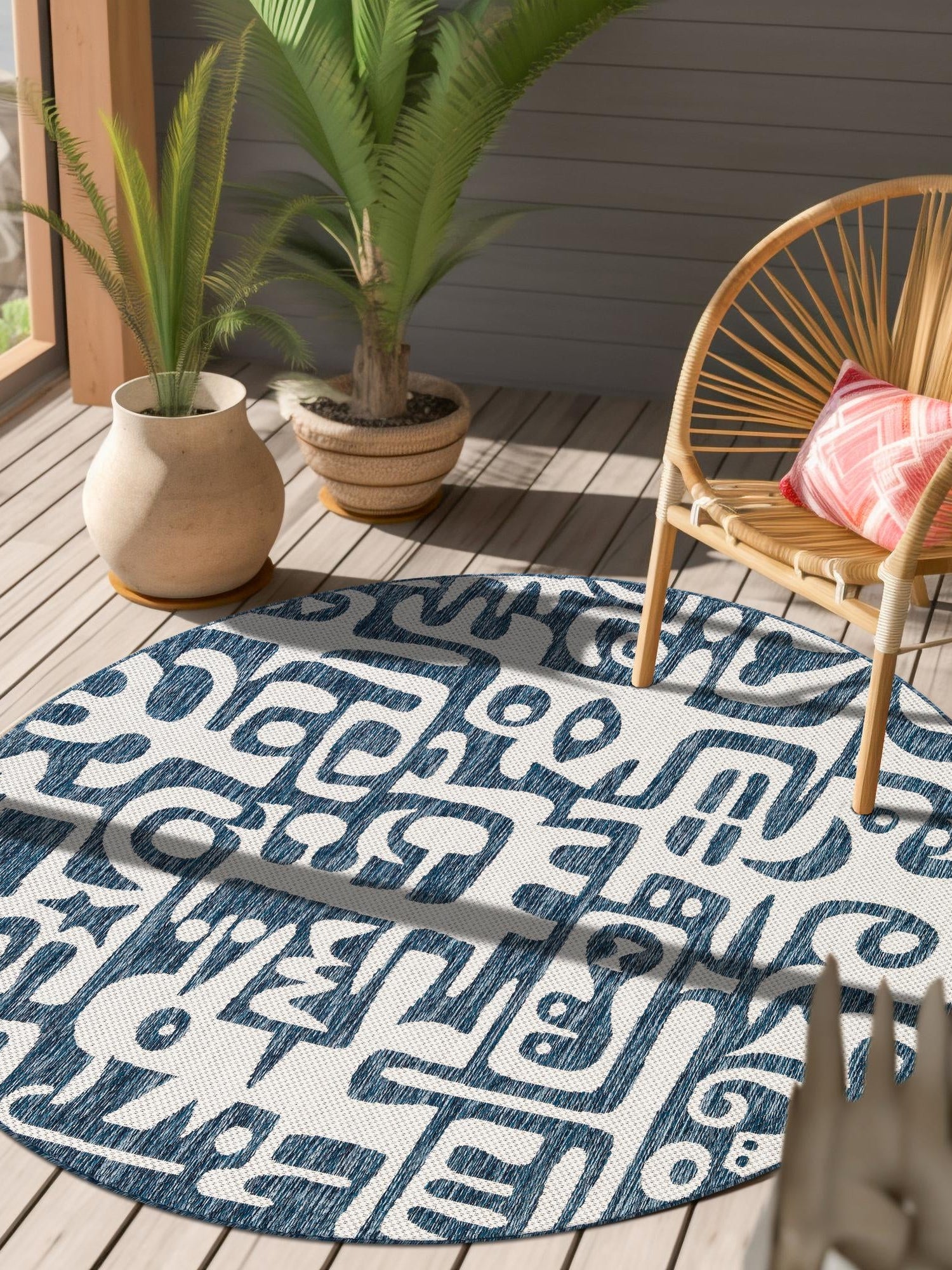 Blue 10' x 10' Outdoor Modern Round Area Rug Weather Resistant for Patio, Deck, Terrace, Balcony, Porch 100% Polypropylene Modern Outside Carpet for Sale at Rug Engine