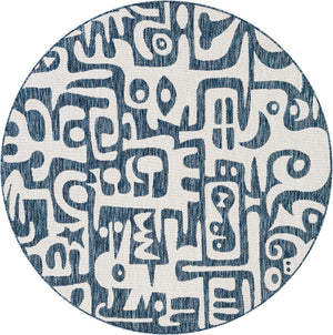 Blue 6' 1 x 6' 1 Outdoor Modern Round Area Rug Weather Resistant for Patio, Deck, Terrace, Balcony, Porch 100% Polypropylene Modern Outside Carpet for Sale at Rug Engine
