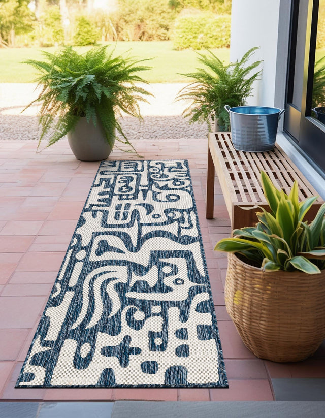Blue 2' x 4' 1 Outdoor Modern Runner Area Rug Weather Resistant for Patio, Deck, Terrace, Balcony, Porch 100% Polypropylene Modern Outside Carpet for Sale at Rug Engine
