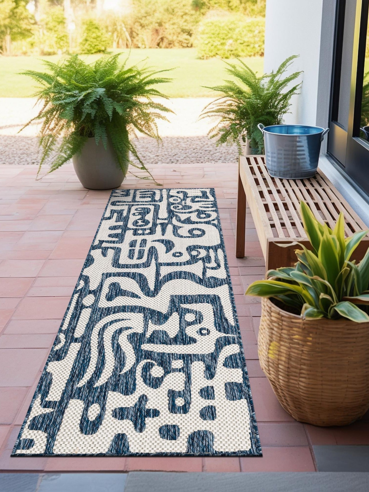 Blue 2' x 5' 3 Outdoor Modern Runner Area Rug Weather Resistant for Patio, Deck, Terrace, Balcony, Porch 100% Polypropylene Modern Outside Carpet for Sale at Rug Engine