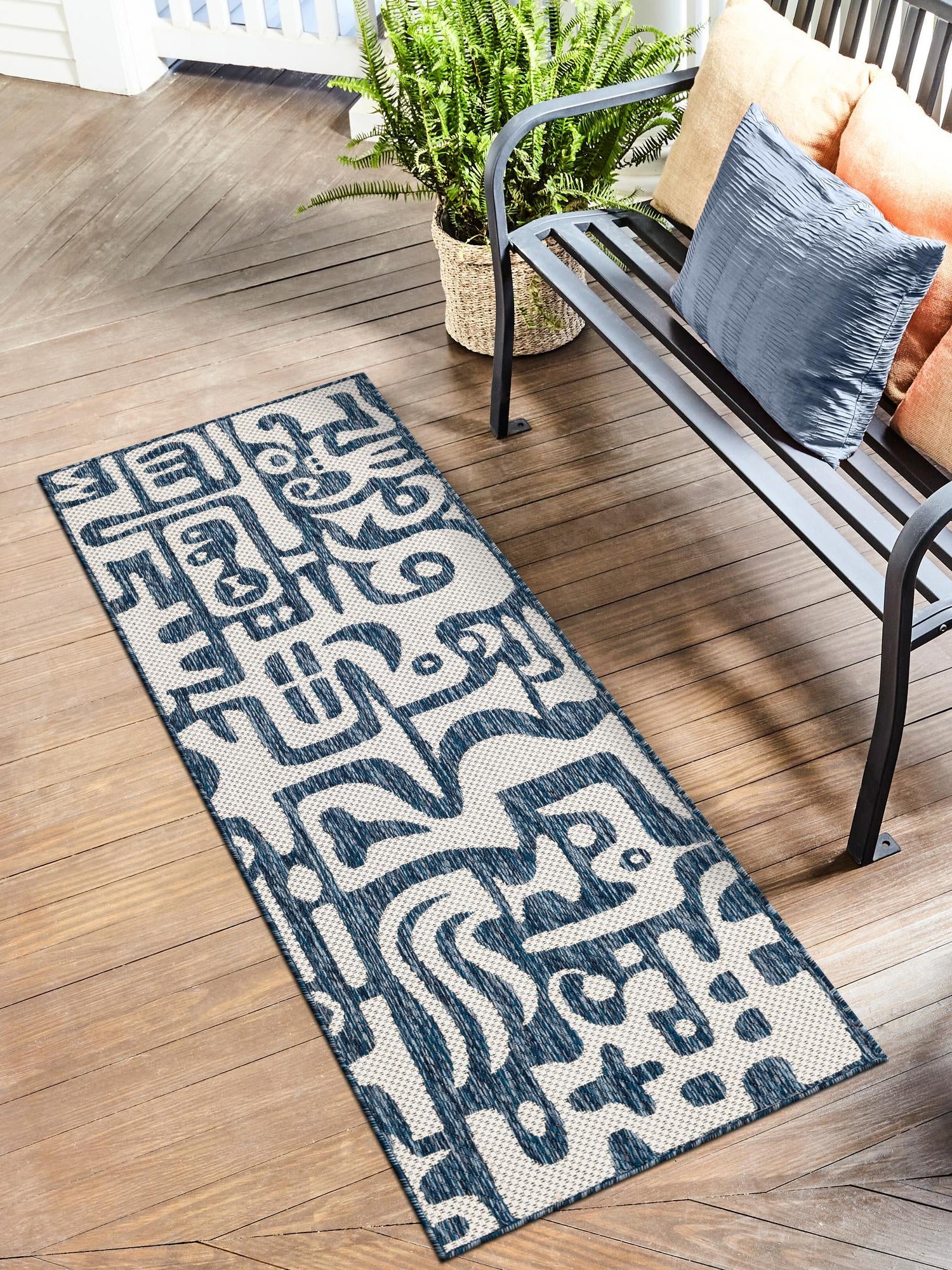 Blue 2' x 6' 1 Outdoor Modern Runner Area Rug Weather Resistant for Patio, Deck, Terrace, Balcony, Porch 100% Polypropylene Modern Outside Carpet for Sale at Rug Engine