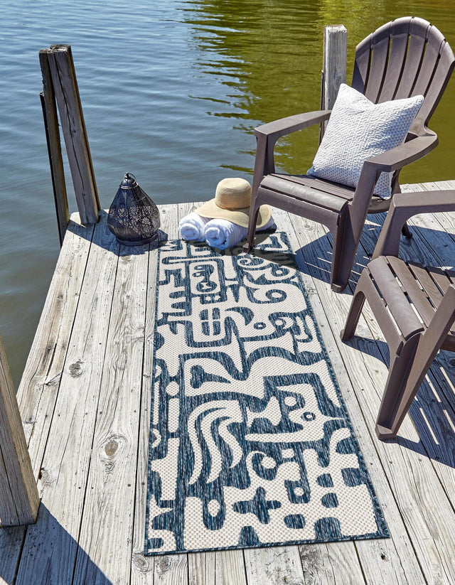 Blue 2' x 4' 1 Outdoor Modern Runner Area Rug Weather Resistant for Patio, Deck, Terrace, Balcony, Porch 100% Polypropylene Modern Outside Carpet for Sale at Rug Engine