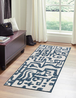 Blue 2' x 4' 1 Outdoor Modern Runner Area Rug Weather Resistant for Patio, Deck, Terrace, Balcony, Porch 100% Polypropylene Modern Outside Carpet for Sale at Rug Engine