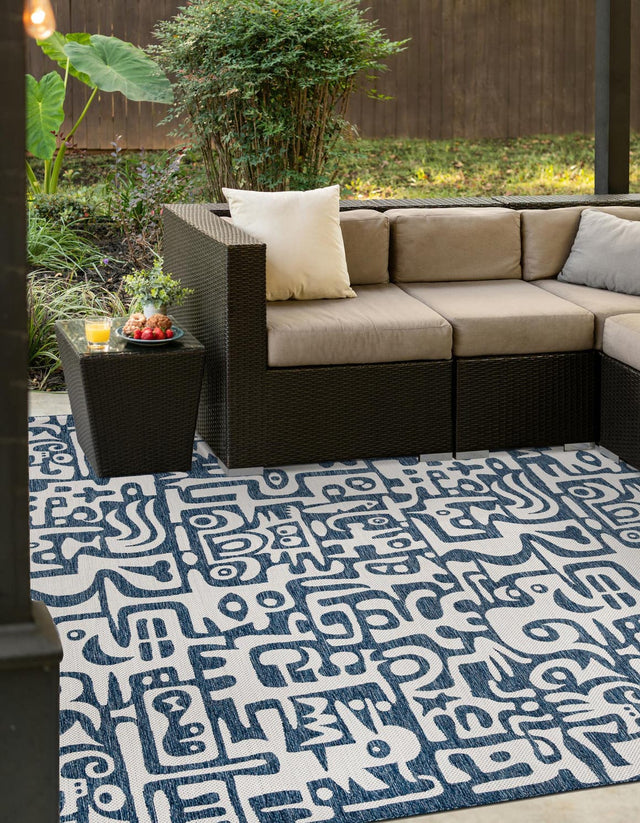 Blue 12' x 12' Outdoor Modern Square Area Rug Weather Resistant for Patio, Deck, Terrace, Balcony, Porch 100% Polypropylene Modern Outside Carpet for Sale at Rug Engine