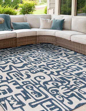 Blue 10' x 10' Outdoor Modern Square Area Rug Weather Resistant for Patio, Deck, Terrace, Balcony, Porch 100% Polypropylene Modern Outside Carpet for Sale at Rug Engine