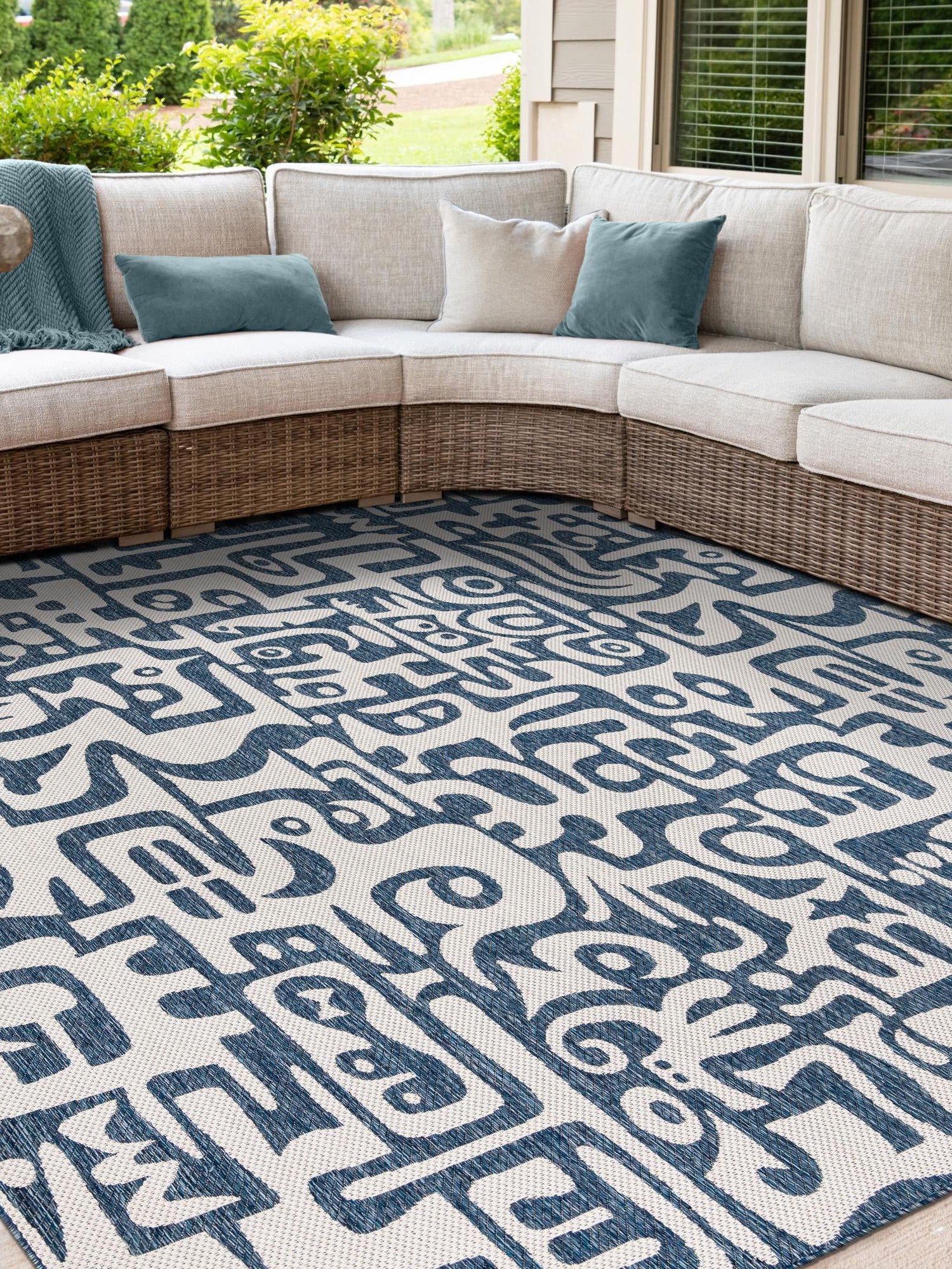 Blue 7' 10 x 7' 10 Outdoor Modern Square Area Rug Weather Resistant for Patio, Deck, Terrace, Balcony, Porch 100% Polypropylene Modern Outside Carpet for Sale at Rug Engine
