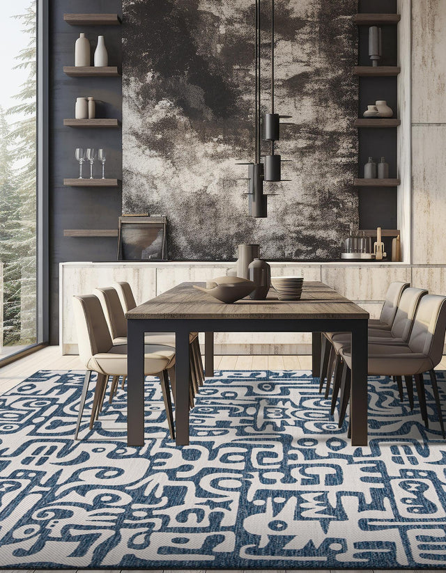 Blue 7' 10 x 7' 10 Outdoor Modern Square Area Rug Weather Resistant for Patio, Deck, Terrace, Balcony, Porch 100% Polypropylene Modern Outside Carpet for Sale at Rug Engine