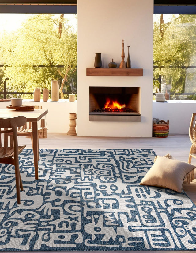 Blue 10' x 10' Outdoor Modern Square Area Rug Weather Resistant for Patio, Deck, Terrace, Balcony, Porch 100% Polypropylene Modern Outside Carpet for Sale at Rug Engine