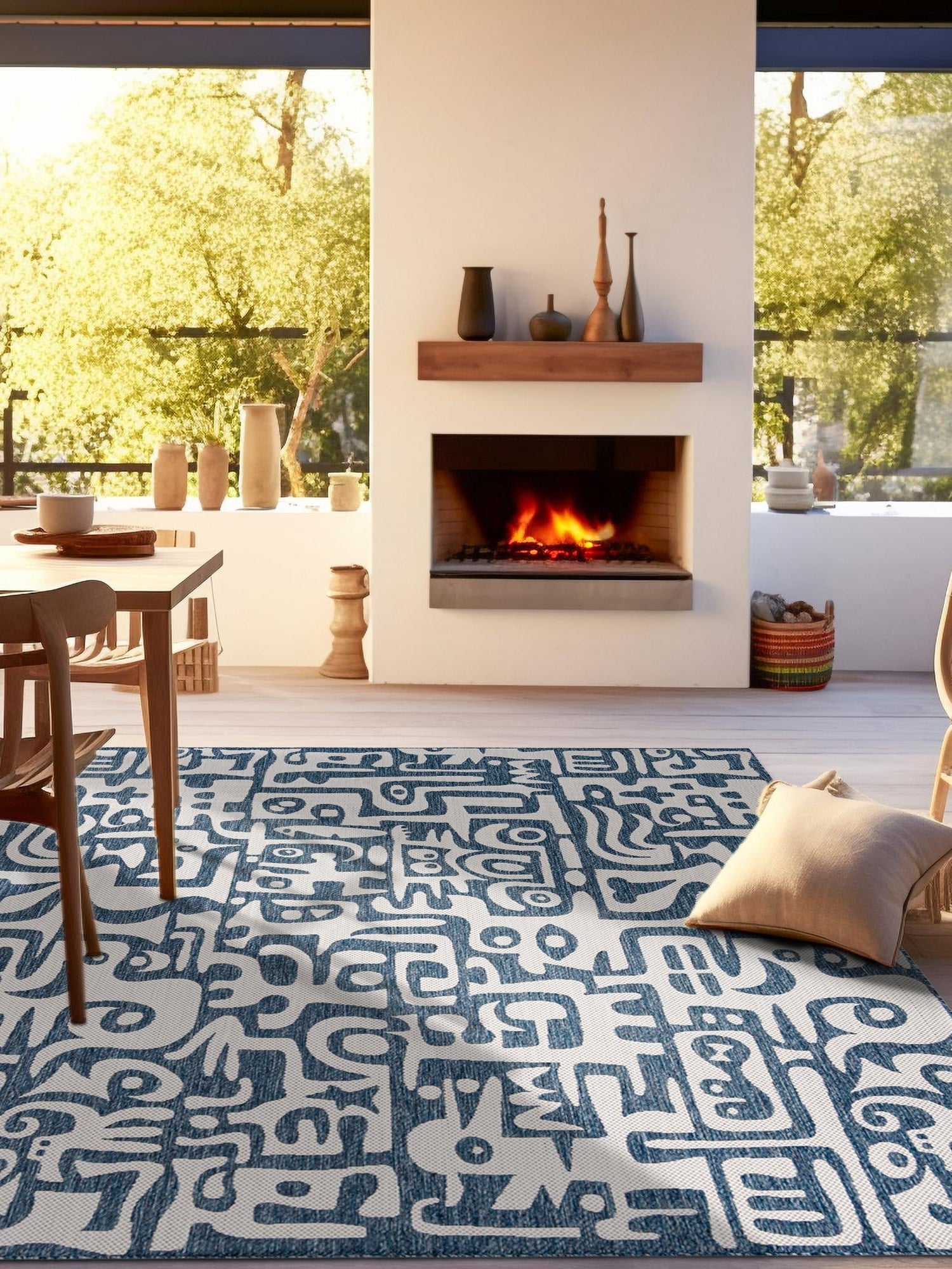 Blue 7' 10 x 7' 10 Outdoor Modern Square Area Rug Weather Resistant for Patio, Deck, Terrace, Balcony, Porch 100% Polypropylene Modern Outside Carpet for Sale at Rug Engine