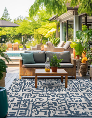 Blue 12' x 12' Outdoor Modern Square Area Rug Weather Resistant for Patio, Deck, Terrace, Balcony, Porch 100% Polypropylene Modern Outside Carpet for Sale at Rug Engine
