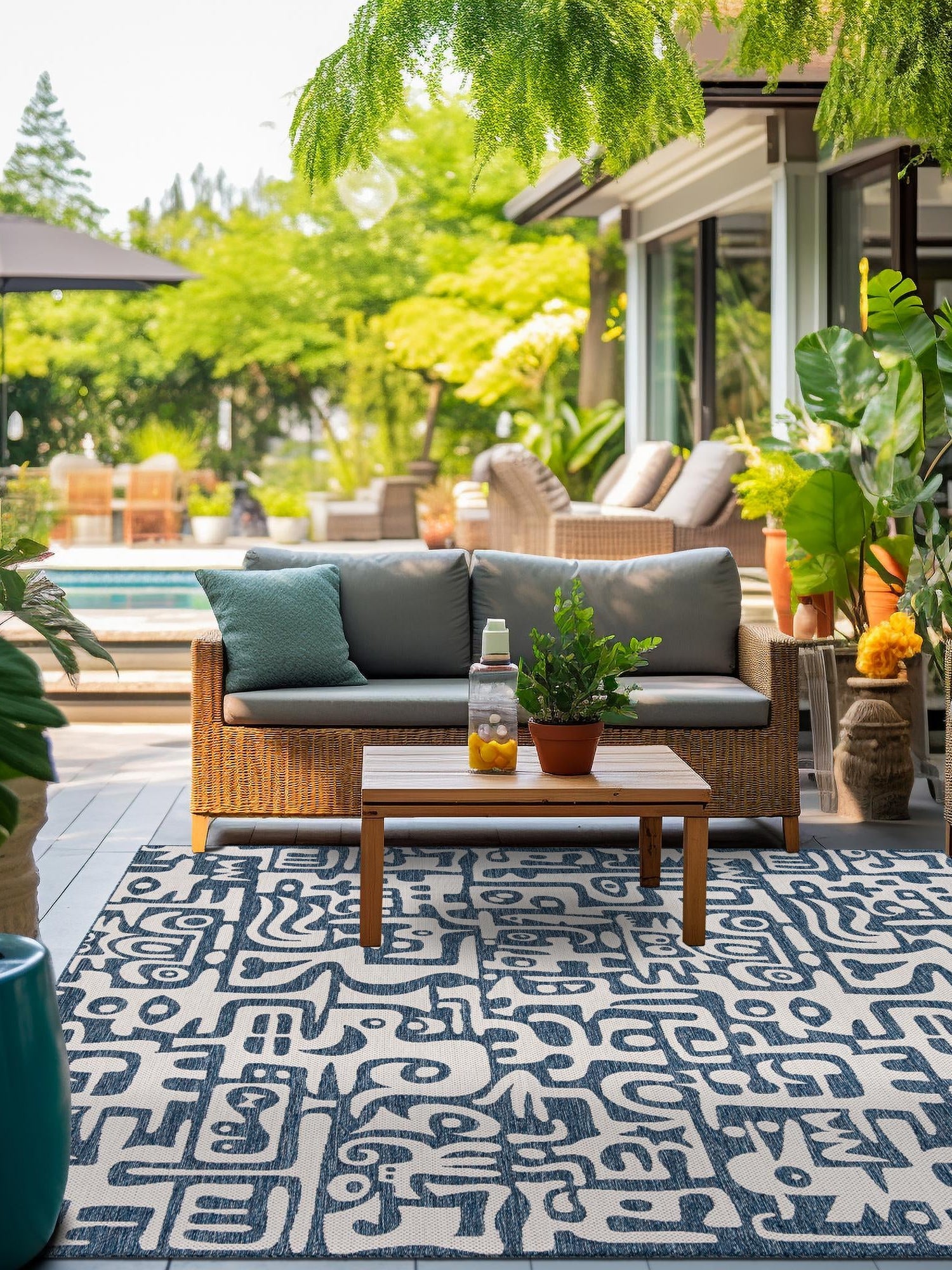 Blue 7' 10 x 7' 10 Outdoor Modern Square Area Rug Weather Resistant for Patio, Deck, Terrace, Balcony, Porch 100% Polypropylene Modern Outside Carpet for Sale at Rug Engine