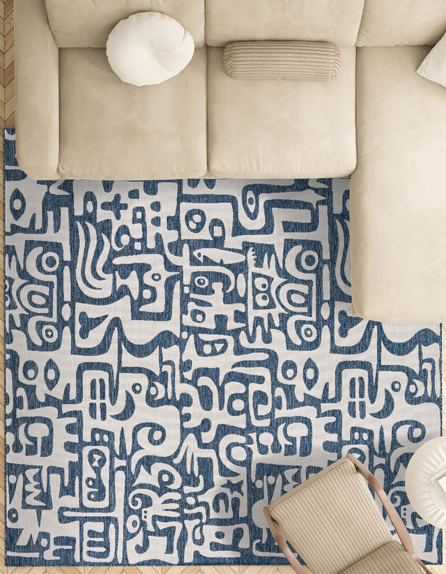 Blue 12' x 12' Outdoor Modern Square Area Rug Weather Resistant for Patio, Deck, Terrace, Balcony, Porch 100% Polypropylene Modern Outside Carpet for Sale at Rug Engine