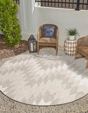 Gray 7' 10 x 7' 10 Outdoor Modern Round Area Rug Weather Resistant for Patio, Deck, Terrace, Balcony, Porch 100% Polypropylene Modern Outside Carpet for Sale at Rug Engine