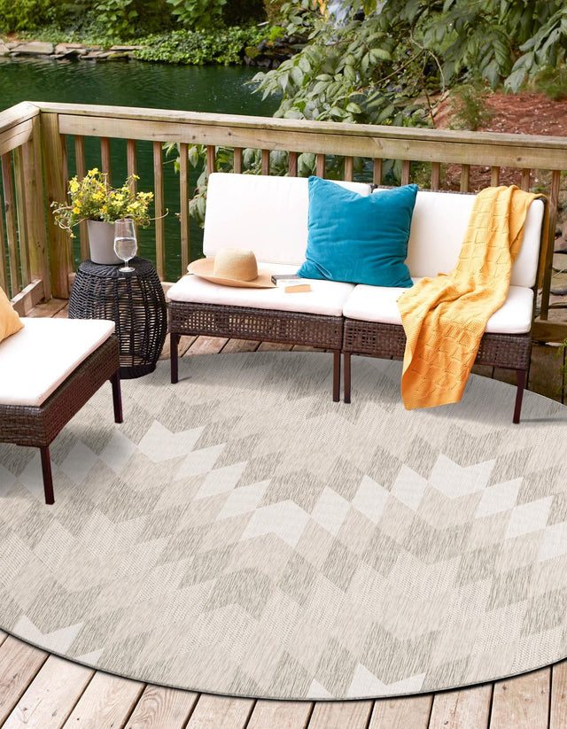 Gray 6' 1 x 6' 1 Outdoor Modern Round Area Rug Weather Resistant for Patio, Deck, Terrace, Balcony, Porch 100% Polypropylene Modern Outside Carpet for Sale at Rug Engine
