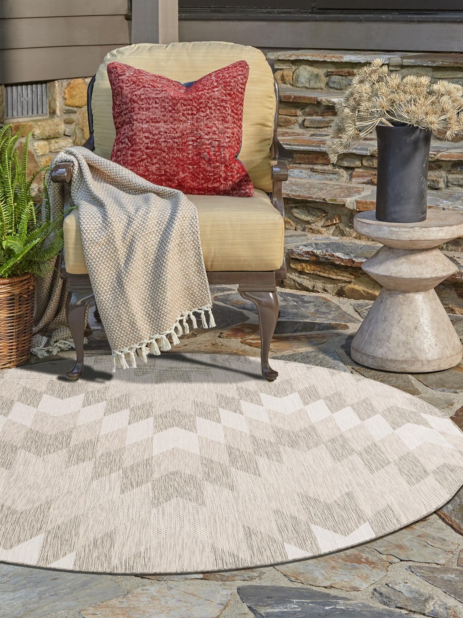 Gray 6' 1 x 6' 1 Outdoor Modern Round Area Rug Weather Resistant for Patio, Deck, Terrace, Balcony, Porch 100% Polypropylene Modern Outside Carpet for Sale at Rug Engine