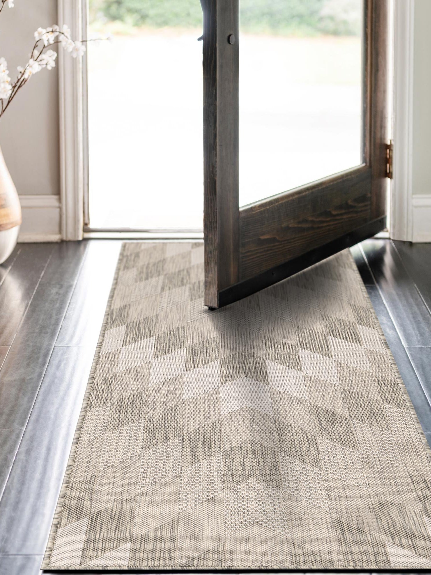 Gray 2' x 6' 1 Outdoor Modern Runner Area Rug Weather Resistant for Patio, Deck, Terrace, Balcony, Porch 100% Polypropylene Modern Outside Carpet for Sale at Rug Engine