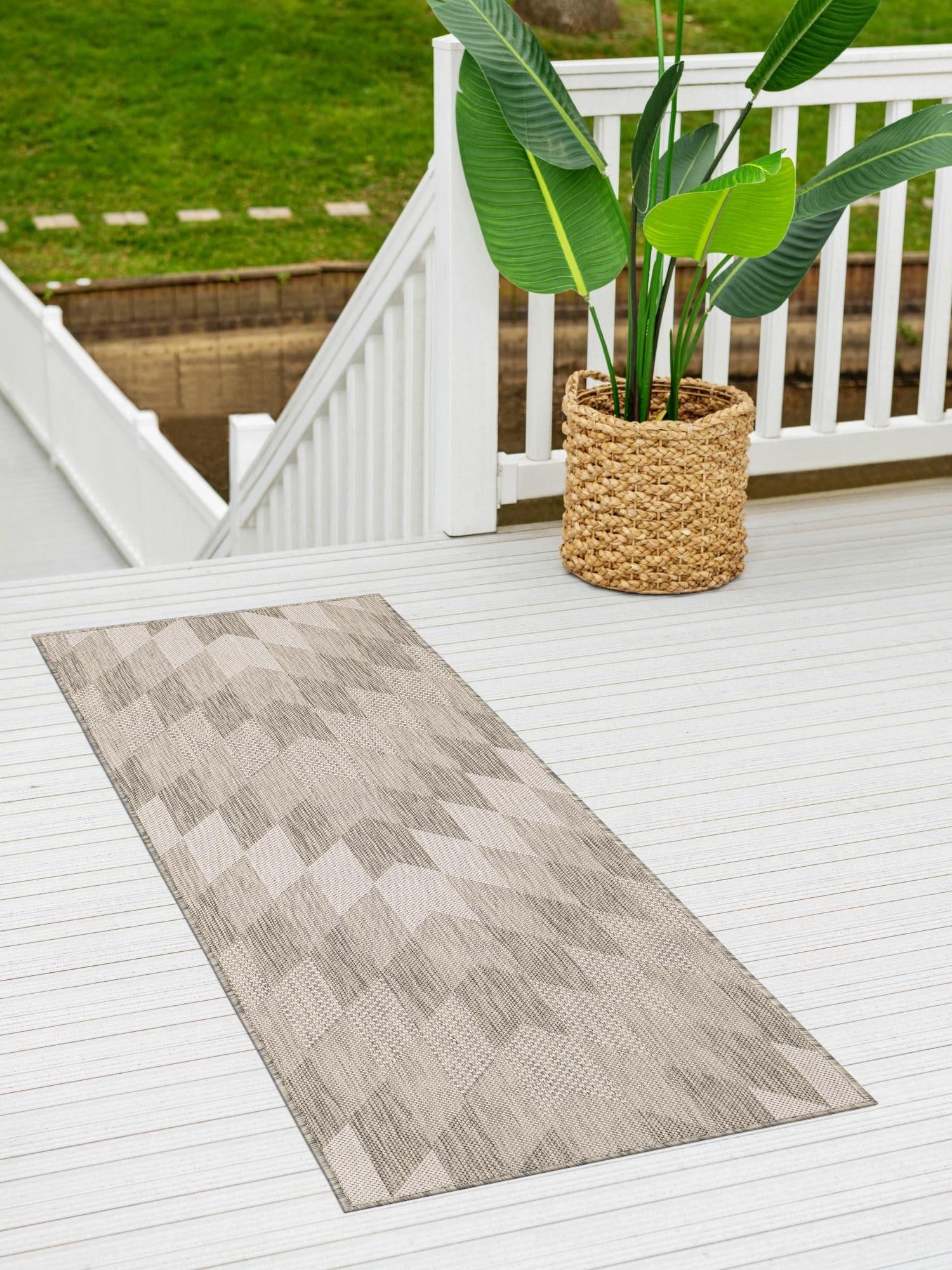 Gray 2' x 4' 1 Outdoor Modern Runner Area Rug Weather Resistant for Patio, Deck, Terrace, Balcony, Porch 100% Polypropylene Modern Outside Carpet for Sale at Rug Engine