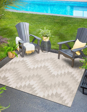 Gray 7' 10 x 7' 10 Outdoor Modern Square Area Rug Weather Resistant for Patio, Deck, Terrace, Balcony, Porch 100% Polypropylene Modern Outside Carpet for Sale at Rug Engine