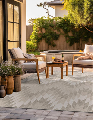 Gray 7' 10 x 7' 10 Outdoor Modern Square Area Rug Weather Resistant for Patio, Deck, Terrace, Balcony, Porch 100% Polypropylene Modern Outside Carpet for Sale at Rug Engine