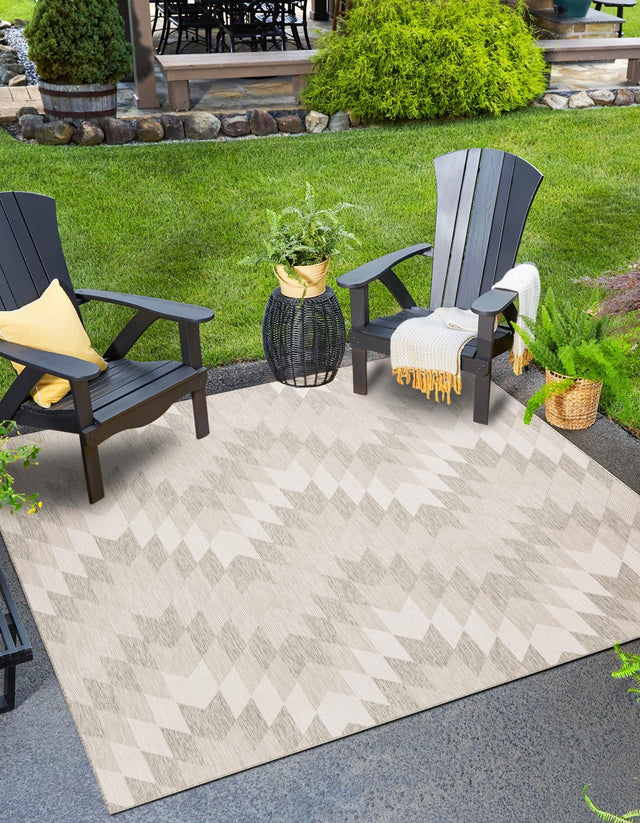 Gray 7' 10 x 7' 10 Outdoor Modern Square Area Rug Weather Resistant for Patio, Deck, Terrace, Balcony, Porch 100% Polypropylene Modern Outside Carpet for Sale at Rug Engine