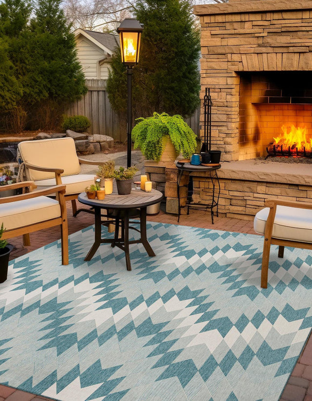 Aqua 10' x 10' Outdoor Modern Square Area Rug Weather Resistant for Patio, Deck, Terrace, Balcony, Porch 100% Polypropylene Modern Outside Carpet for Sale at Rug Engine