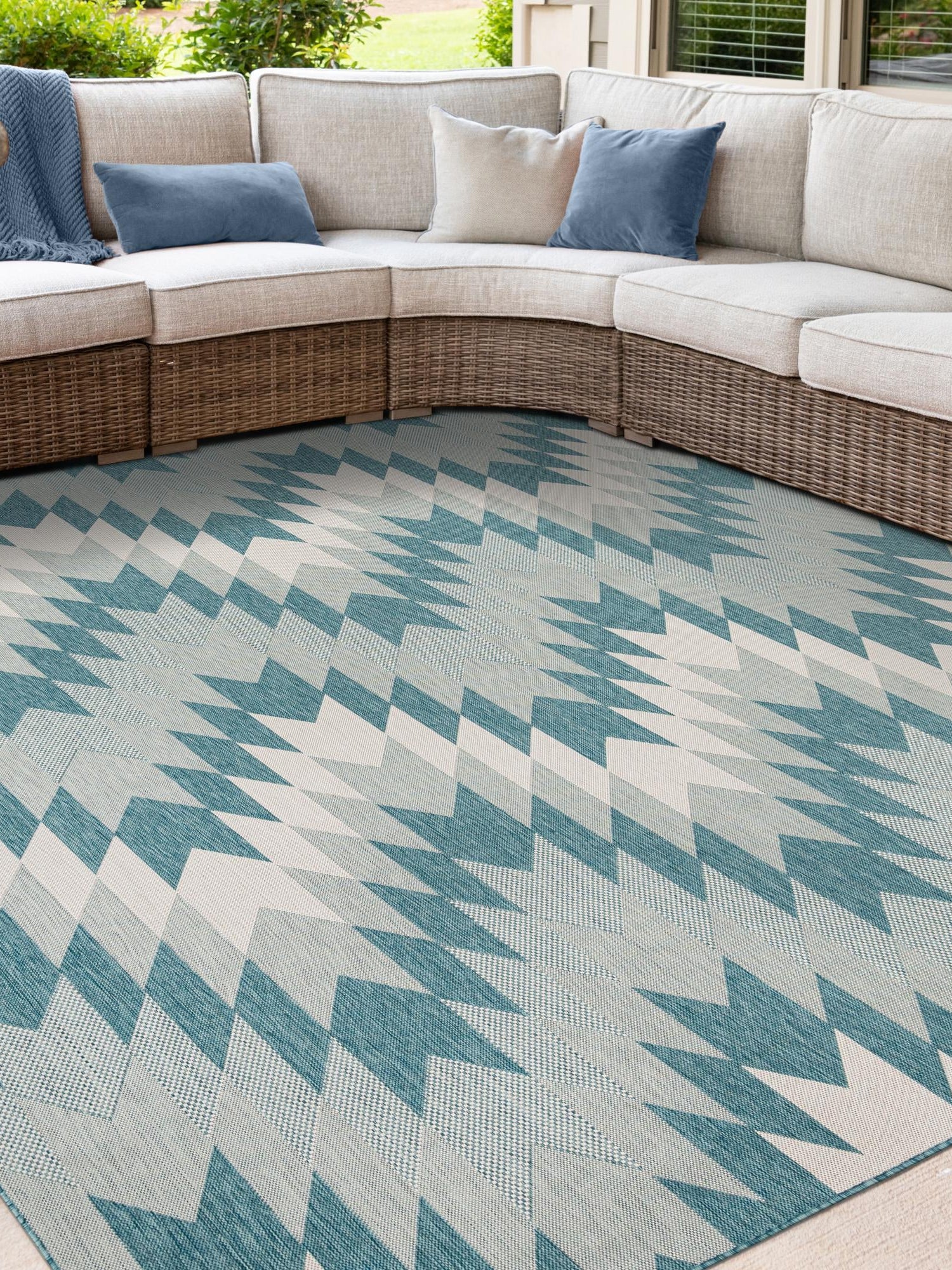 Aqua 12' x 12' Outdoor Modern Square Area Rug Weather Resistant for Patio, Deck, Terrace, Balcony, Porch 100% Polypropylene Modern Outside Carpet for Sale at Rug Engine