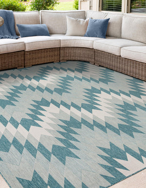 Aqua 12' x 12' Outdoor Modern Square Area Rug Weather Resistant for Patio, Deck, Terrace, Balcony, Porch 100% Polypropylene Modern Outside Carpet for Sale at Rug Engine