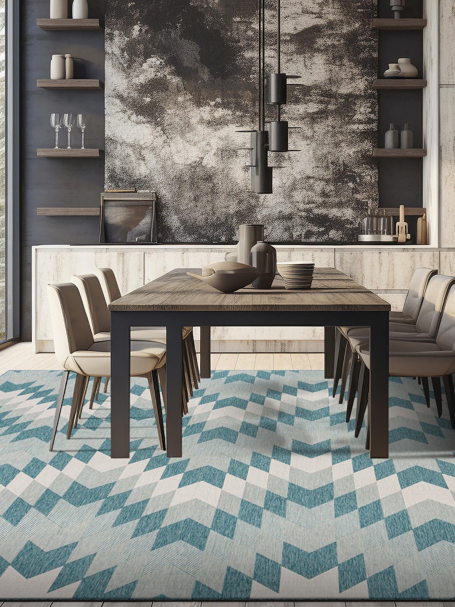 Aqua 10' x 10' Outdoor Modern Square Area Rug Weather Resistant for Patio, Deck, Terrace, Balcony, Porch 100% Polypropylene Modern Outside Carpet for Sale at Rug Engine
