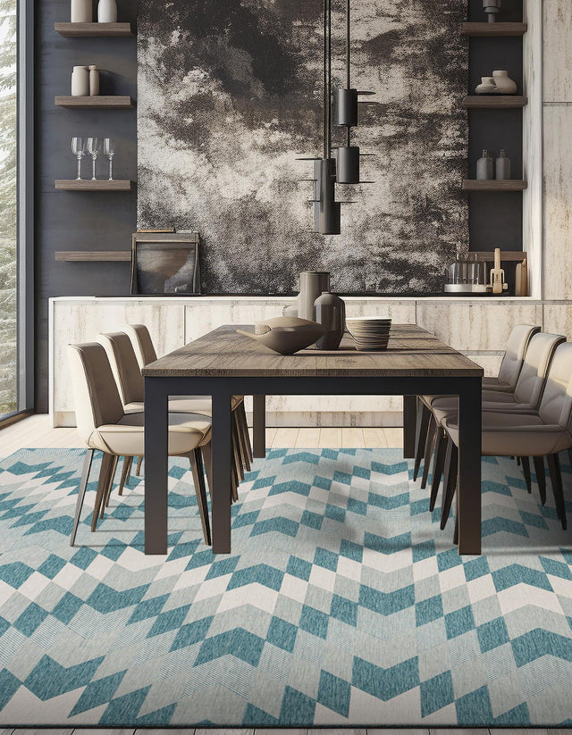 Aqua 10' x 10' Outdoor Modern Square Area Rug Weather Resistant for Patio, Deck, Terrace, Balcony, Porch 100% Polypropylene Modern Outside Carpet for Sale at Rug Engine
