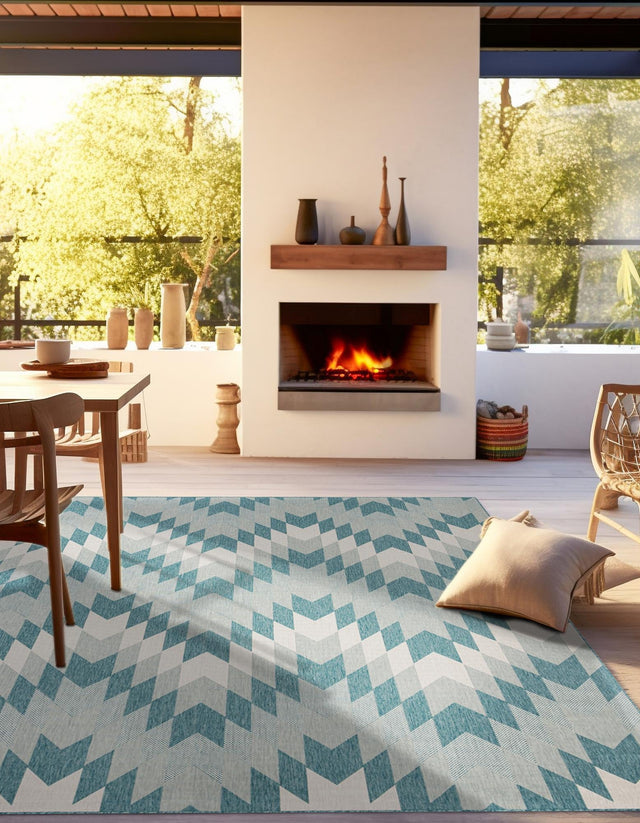 Aqua 7' 10 x 7' 10 Outdoor Modern Square Area Rug Weather Resistant for Patio, Deck, Terrace, Balcony, Porch 100% Polypropylene Modern Outside Carpet for Sale at Rug Engine