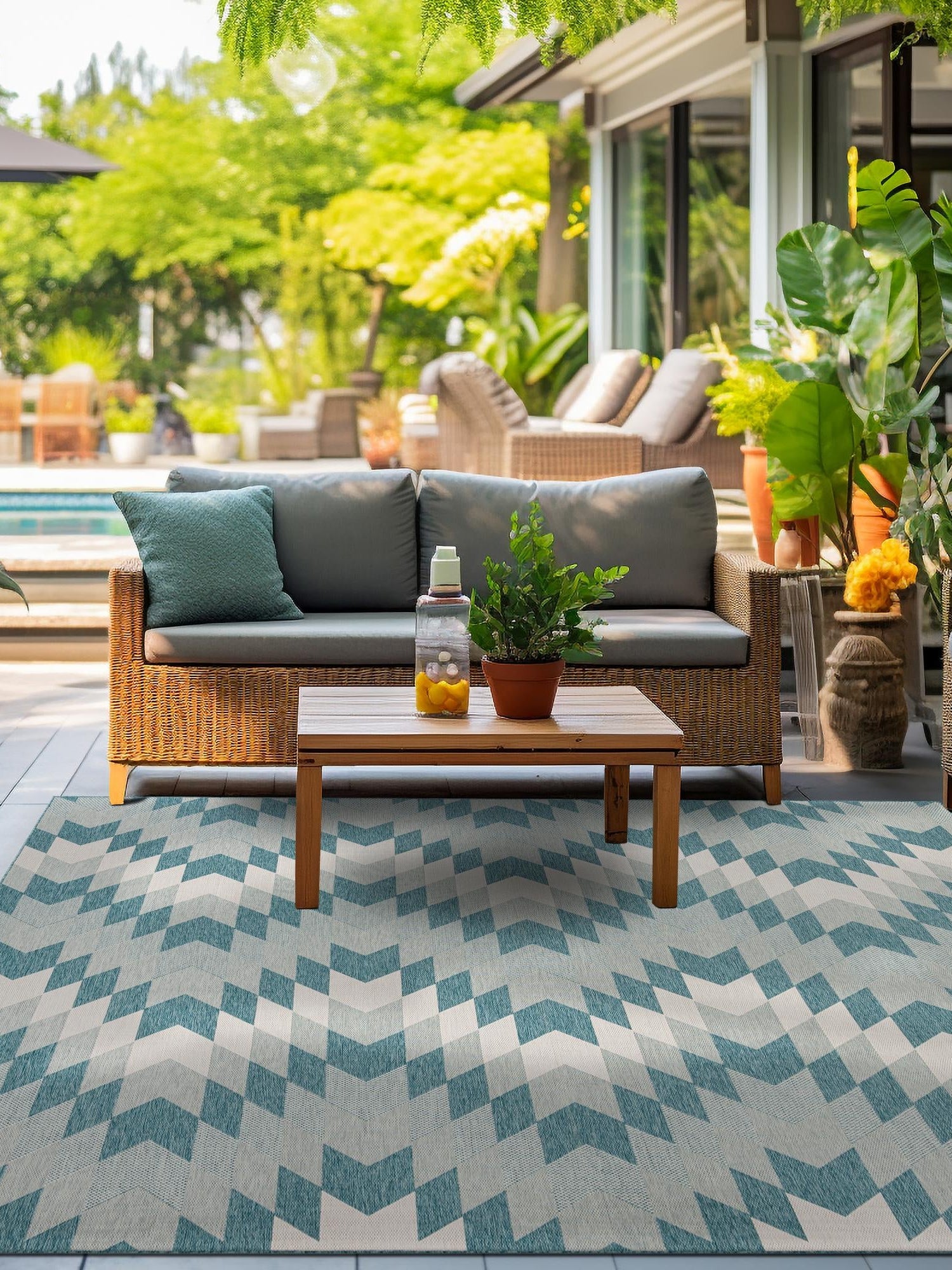 Aqua 10' x 10' Outdoor Modern Square Area Rug Weather Resistant for Patio, Deck, Terrace, Balcony, Porch 100% Polypropylene Modern Outside Carpet for Sale at Rug Engine