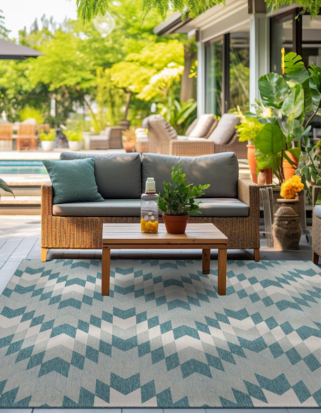 Aqua 10' x 10' Outdoor Modern Square Area Rug Weather Resistant for Patio, Deck, Terrace, Balcony, Porch 100% Polypropylene Modern Outside Carpet for Sale at Rug Engine