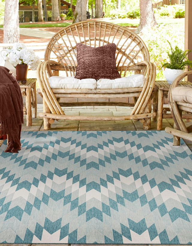 Aqua 7' 10 x 7' 10 Outdoor Modern Square Area Rug Weather Resistant for Patio, Deck, Terrace, Balcony, Porch 100% Polypropylene Modern Outside Carpet for Sale at Rug Engine