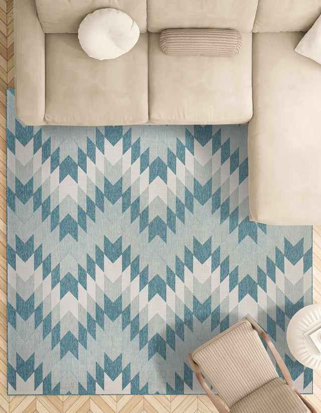 Aqua 7' 10 x 7' 10 Outdoor Modern Square Area Rug Weather Resistant for Patio, Deck, Terrace, Balcony, Porch 100% Polypropylene Modern Outside Carpet for Sale at Rug Engine