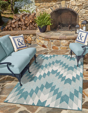 Aqua 5' 3 x 7' 1 Outdoor Modern Rectangle Area Rug Weather Resistant for Patio, Deck, Terrace, Balcony, Porch 100% Polypropylene Modern Outside Carpet for Sale at Rug Engine