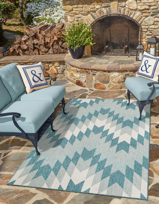 Aqua 6' 1 x 9' Outdoor Modern Rectangle Area Rug Weather Resistant for Patio, Deck, Terrace, Balcony, Porch 100% Polypropylene Modern Outside Carpet for Sale at Rug Engine