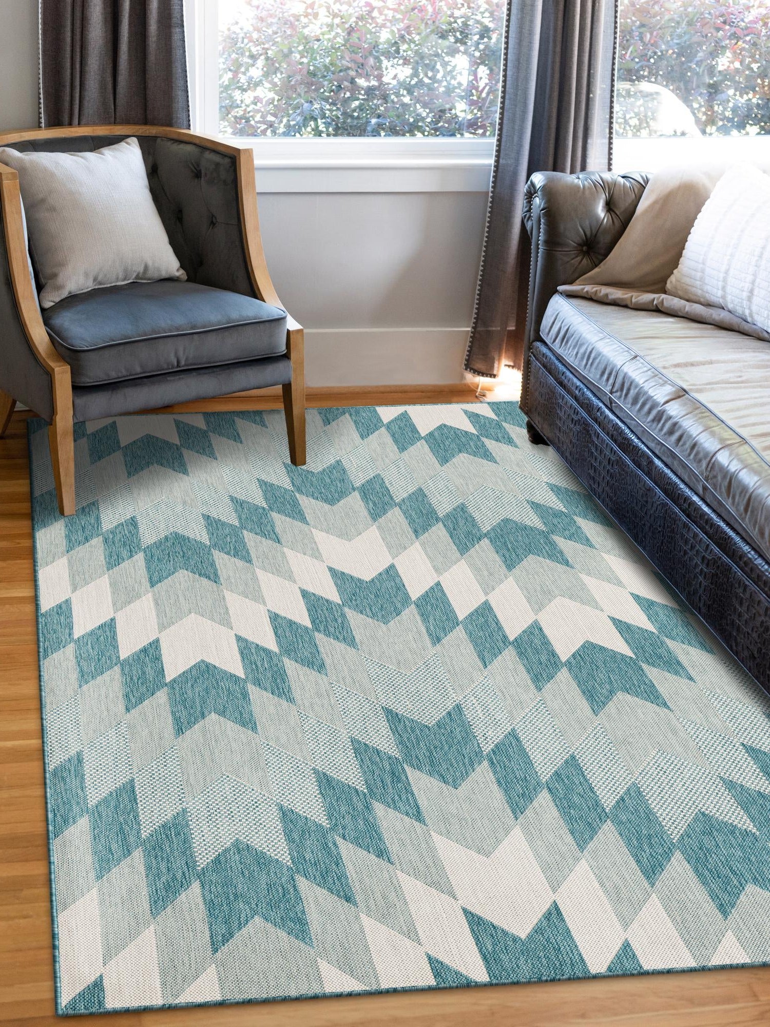 Aqua 6' 1 x 9' Outdoor Modern Rectangle Area Rug Weather Resistant for Patio, Deck, Terrace, Balcony, Porch 100% Polypropylene Modern Outside Carpet for Sale at Rug Engine