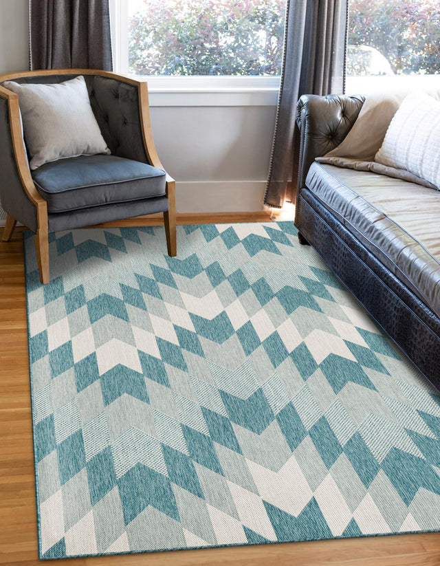 Aqua 5' 3 x 7' 1 Outdoor Modern Rectangle Area Rug Weather Resistant for Patio, Deck, Terrace, Balcony, Porch 100% Polypropylene Modern Outside Carpet for Sale at Rug Engine