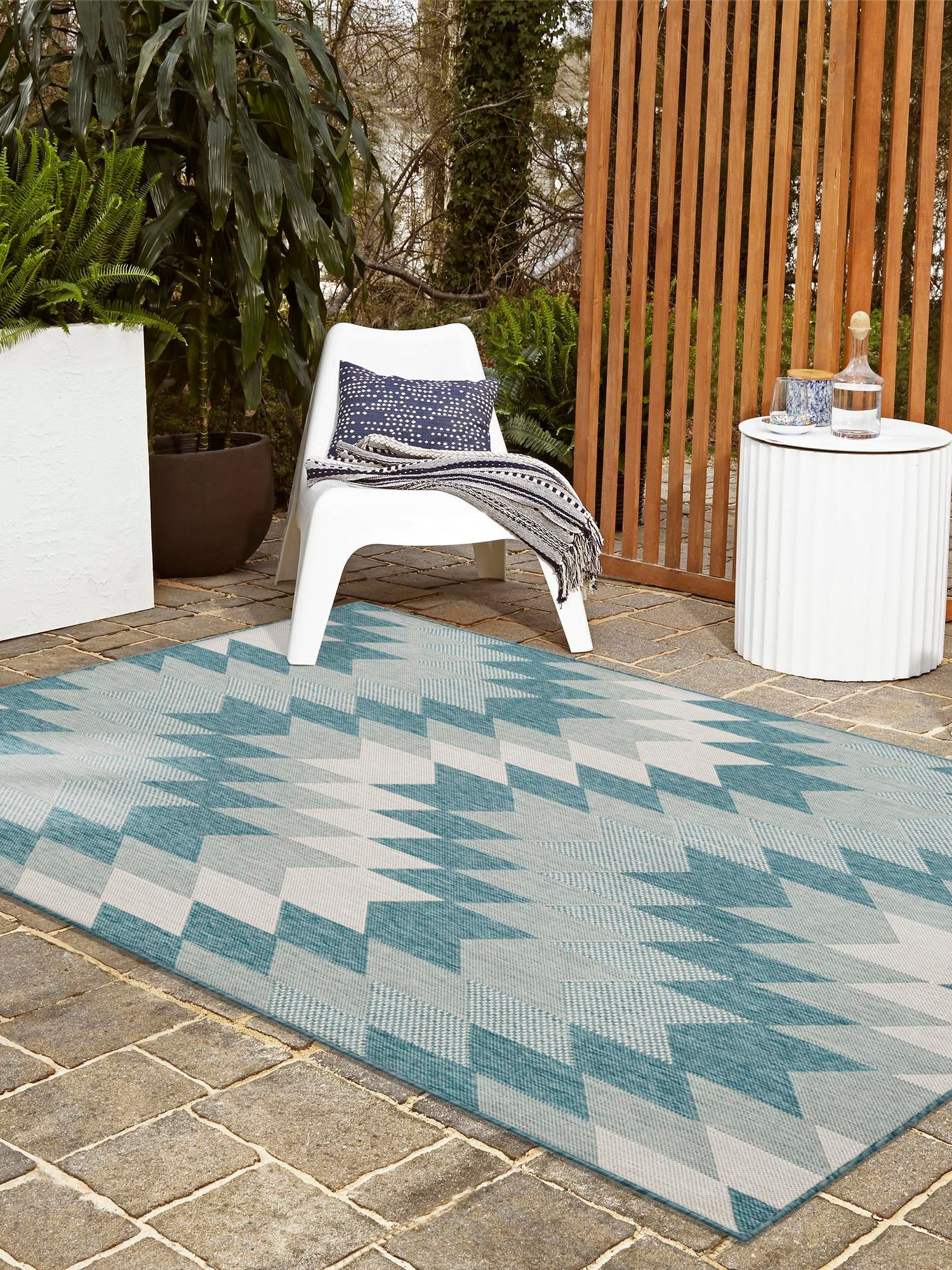 Aqua 5' 3 x 7' 1 Outdoor Modern Rectangle Area Rug Weather Resistant for Patio, Deck, Terrace, Balcony, Porch 100% Polypropylene Modern Outside Carpet for Sale at Rug Engine