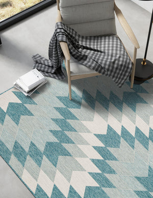 Aqua 4' 1 x 6' 1 Outdoor Modern Rectangle Area Rug Weather Resistant for Patio, Deck, Terrace, Balcony, Porch 100% Polypropylene Modern Outside Carpet for Sale at Rug Engine