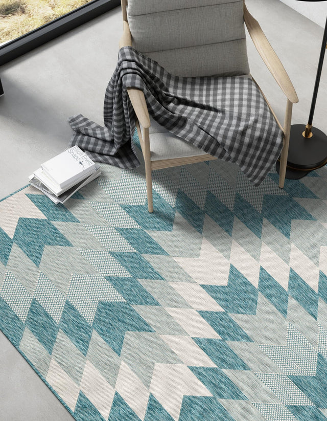 Aqua 4' 1 x 6' 1 Outdoor Modern Rectangle Area Rug Weather Resistant for Patio, Deck, Terrace, Balcony, Porch 100% Polypropylene Modern Outside Carpet for Sale at Rug Engine