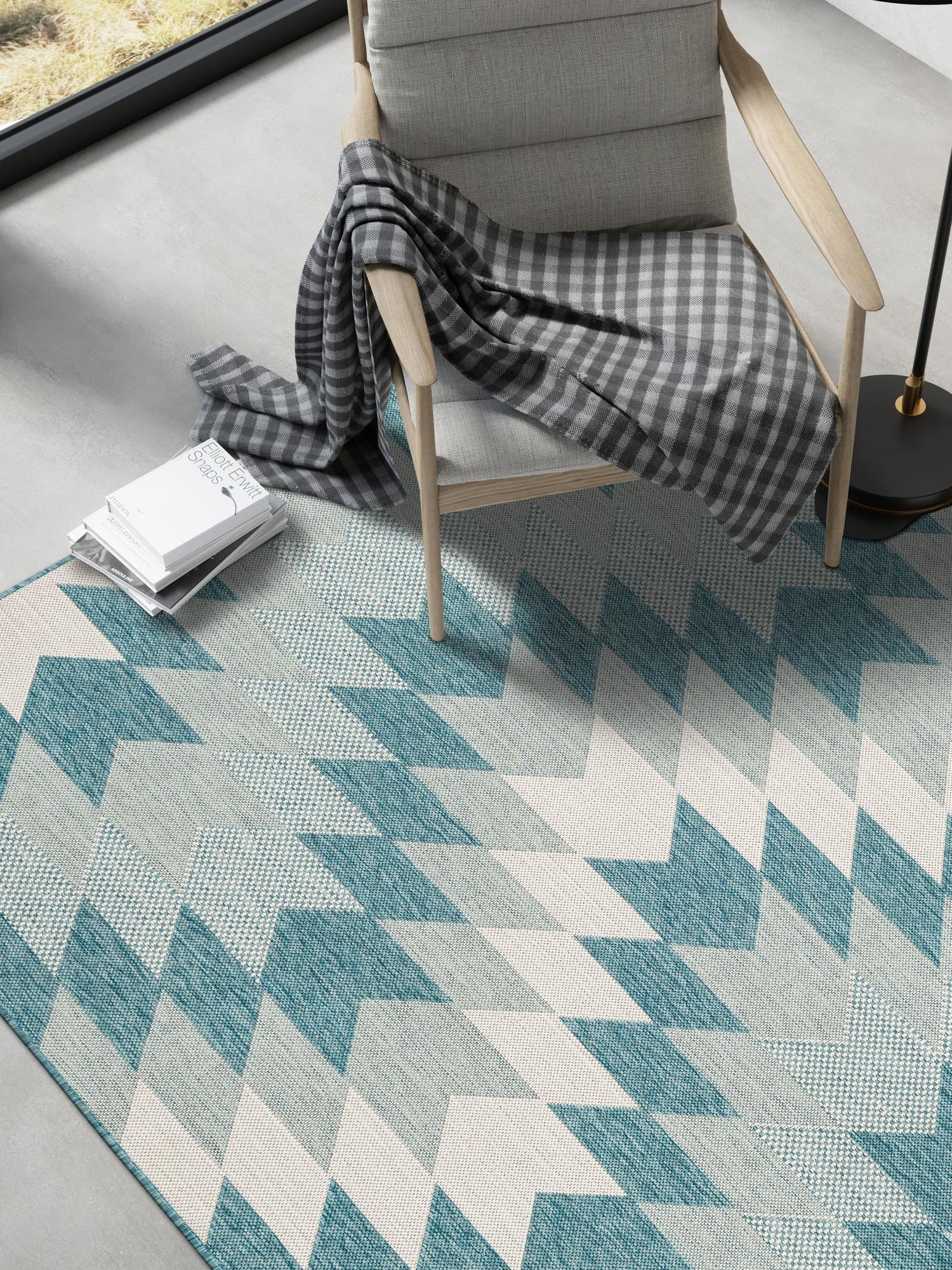 Aqua 5' 3 x 7' 1 Outdoor Modern Rectangle Area Rug Weather Resistant for Patio, Deck, Terrace, Balcony, Porch 100% Polypropylene Modern Outside Carpet for Sale at Rug Engine