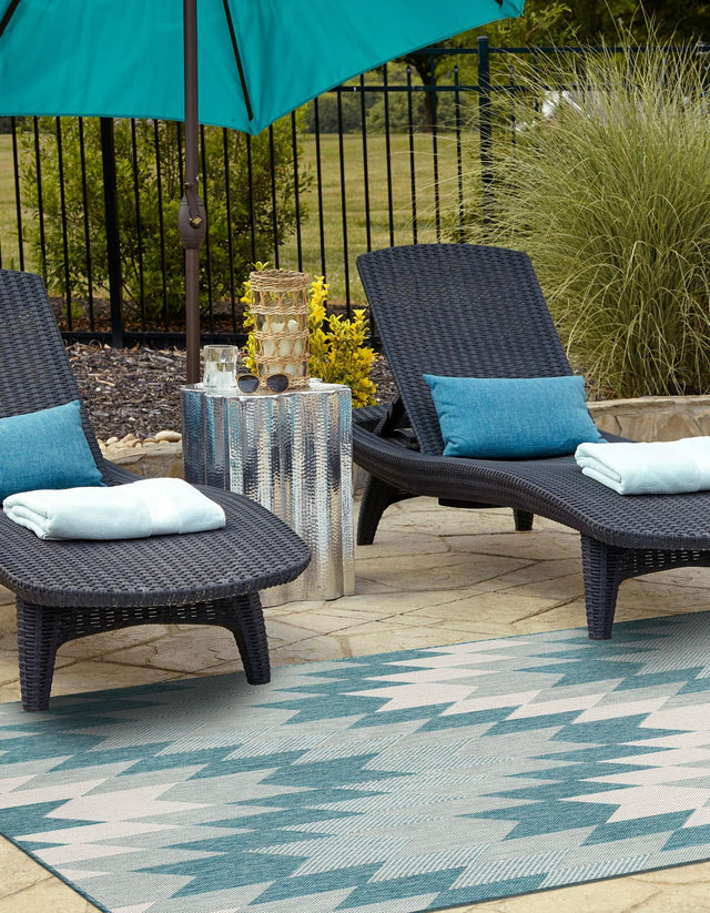 Aqua 6' 1 x 9' Outdoor Modern Rectangle Area Rug Weather Resistant for Patio, Deck, Terrace, Balcony, Porch 100% Polypropylene Modern Outside Carpet for Sale at Rug Engine