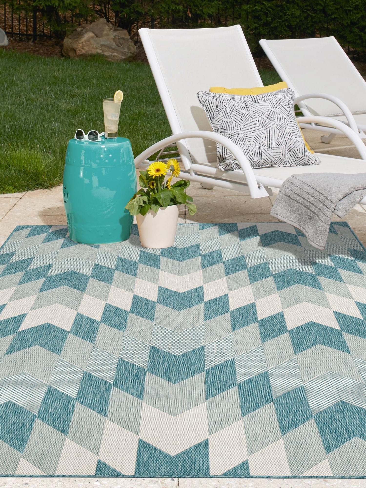 Aqua 5' 3 x 8' Outdoor Modern Rectangle Area Rug Weather Resistant for Patio, Deck, Terrace, Balcony, Porch 100% Polypropylene Modern Outside Carpet for Sale at Rug Engine