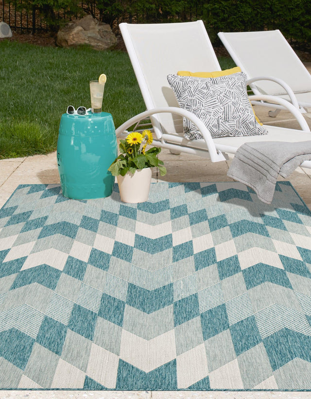 Aqua 5' 3 x 8' Outdoor Modern Rectangle Area Rug Weather Resistant for Patio, Deck, Terrace, Balcony, Porch 100% Polypropylene Modern Outside Carpet for Sale at Rug Engine
