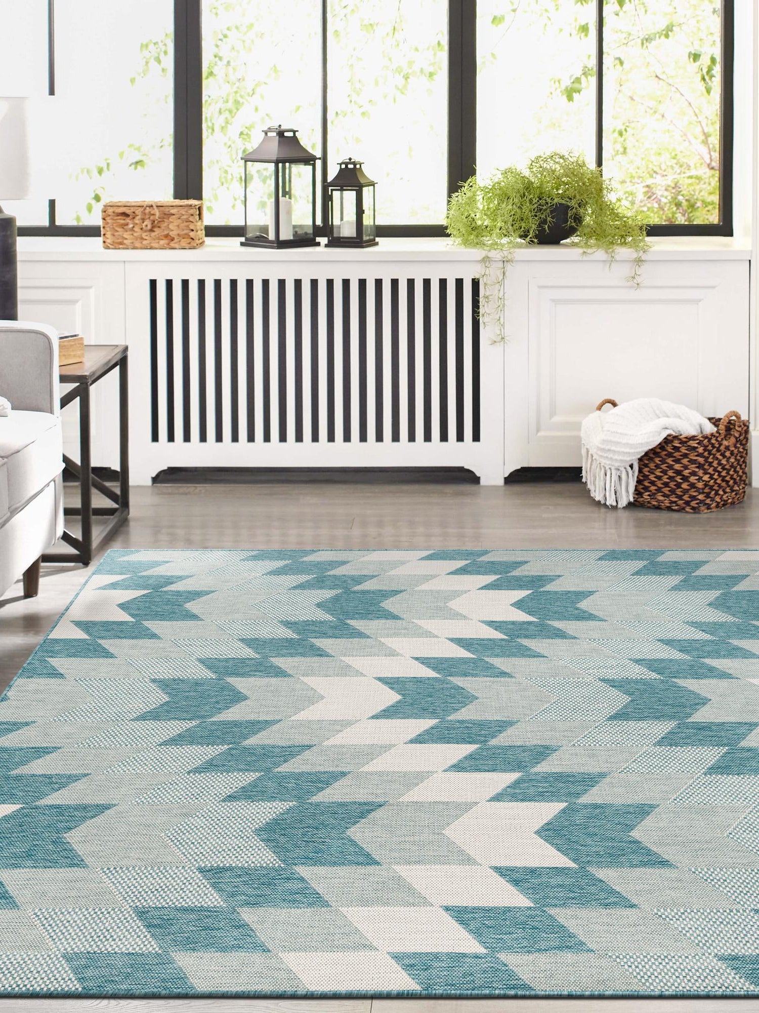 Aqua 7' 10 x 10' Outdoor Modern Rectangle Area Rug Weather Resistant for Patio, Deck, Terrace, Balcony, Porch 100% Polypropylene Modern Outside Carpet for Sale at Rug Engine