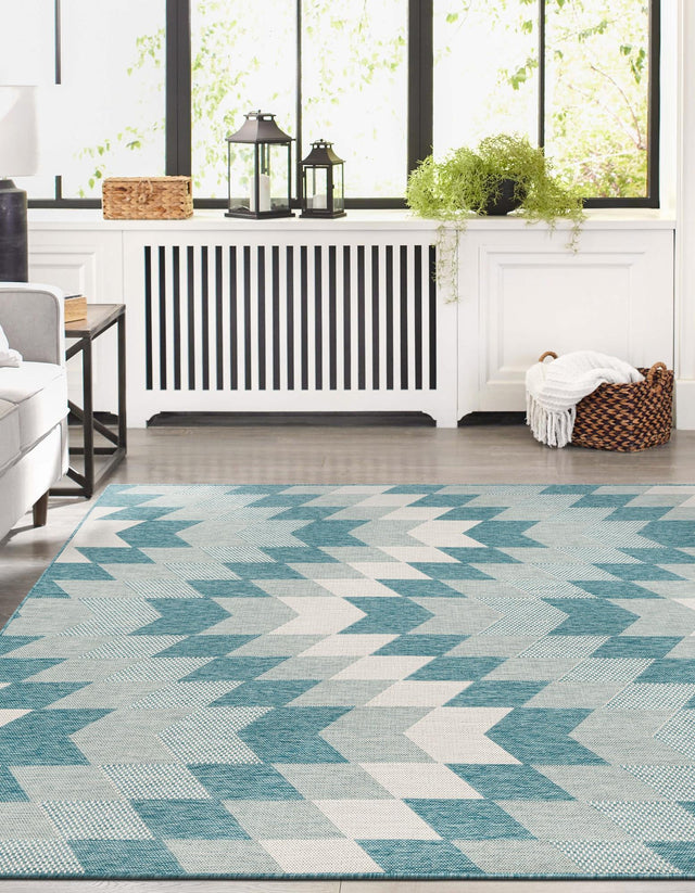 Aqua 9' x 12' Outdoor Modern Rectangle Area Rug Weather Resistant for Patio, Deck, Terrace, Balcony, Porch 100% Polypropylene Modern Outside Carpet for Sale at Rug Engine