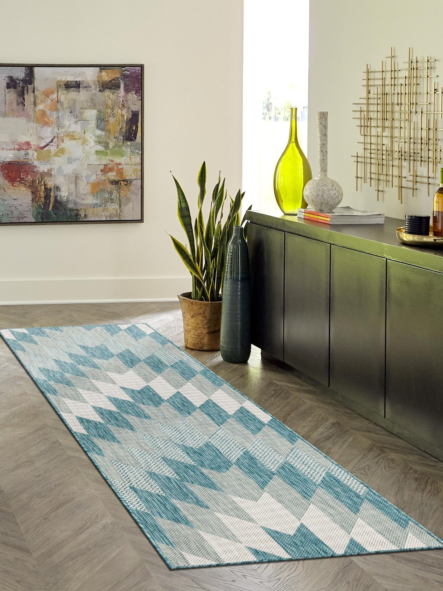 Aqua 2' x 8' Outdoor Modern Runner Area Rug Weather Resistant for Patio, Deck, Terrace, Balcony, Porch 100% Polypropylene Modern Outside Carpet for Sale at Rug Engine