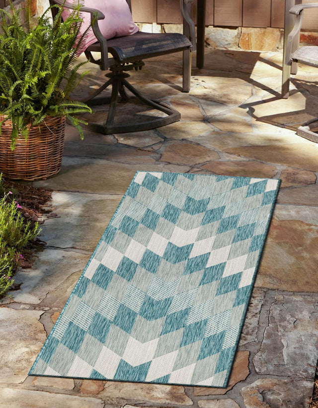 Aqua 2' x 6' 1 Outdoor Modern Runner Area Rug Weather Resistant for Patio, Deck, Terrace, Balcony, Porch 100% Polypropylene Modern Outside Carpet for Sale at Rug Engine