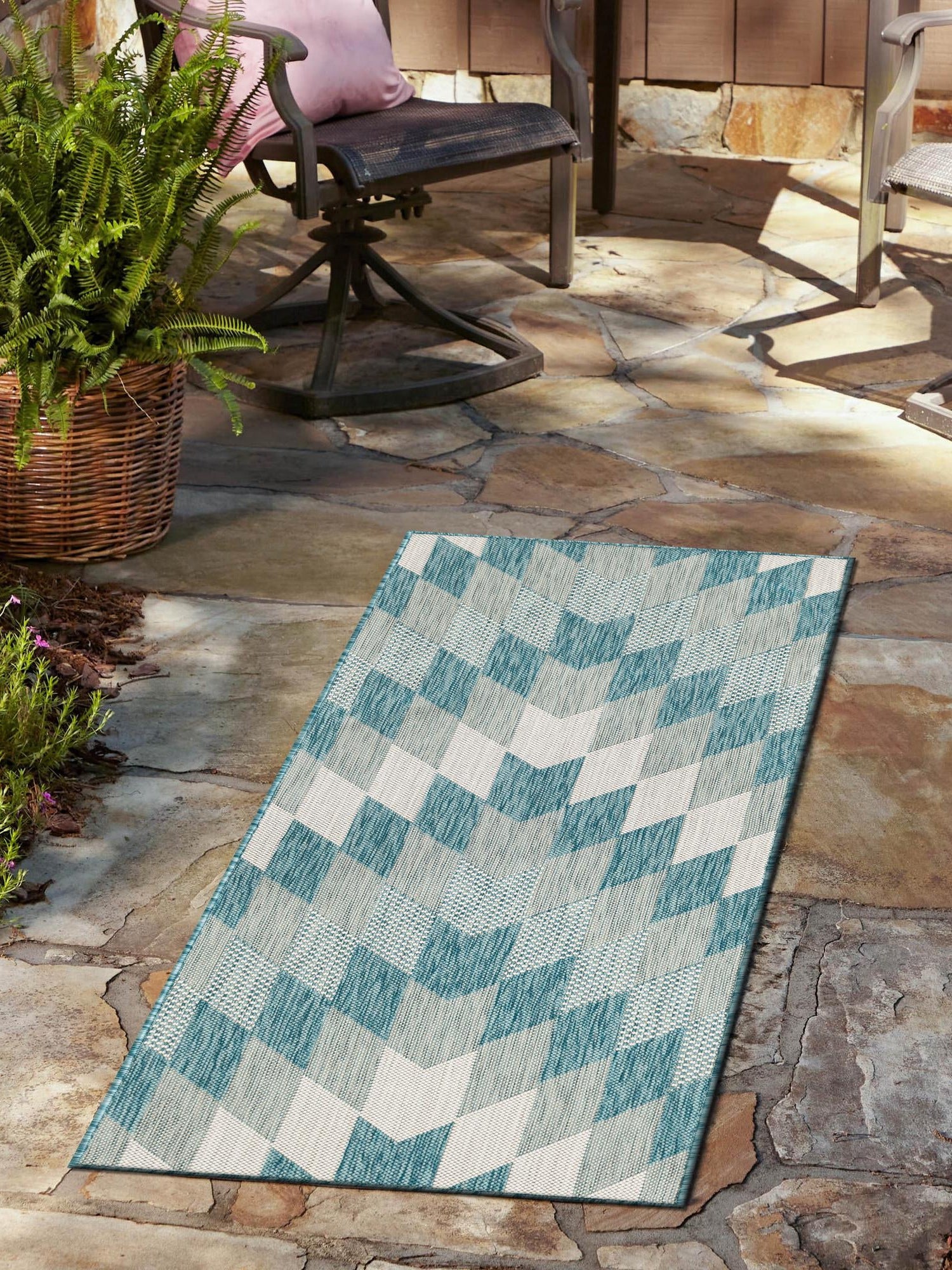 Aqua 2' 7 x 12' Outdoor Modern Runner Area Rug Weather Resistant for Patio, Deck, Terrace, Balcony, Porch 100% Polypropylene Modern Outside Carpet for Sale at Rug Engine